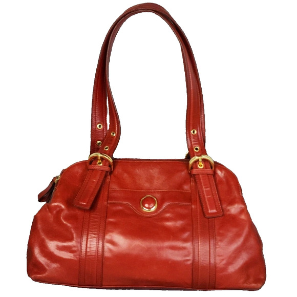 Kate Landry Shoulder Bag Red Glossy Leather Double Zip Compartments Buckle Strap - Picture 1 of 13